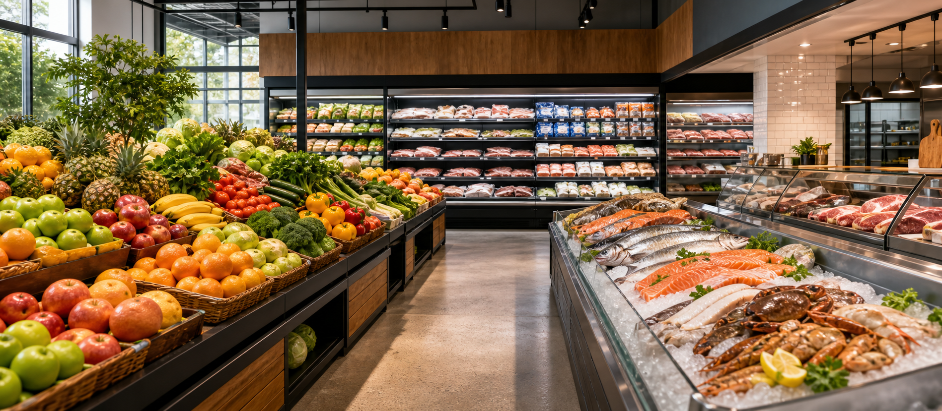 Fresh supermarket produce, seafood and butcher counters