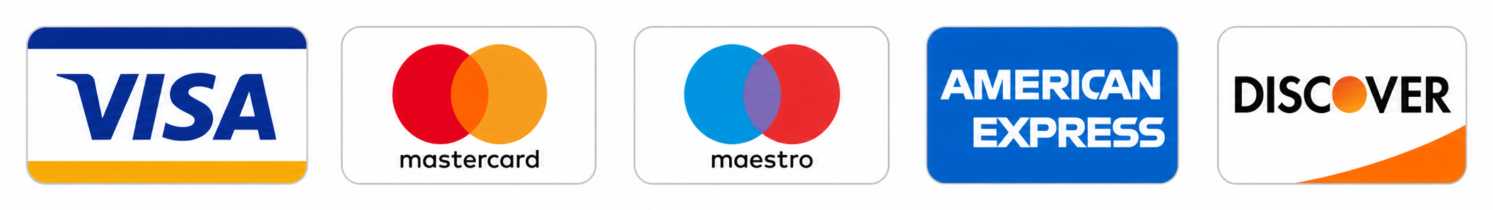 Accepted payment methods: Visa, Mastercard, Maestro, American Express and Discover