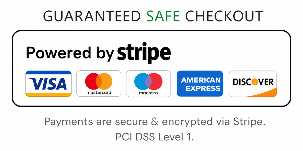 Guaranteed safe checkout powered by Stripe with Visa, Mastercard, Maestro, American Express and Discover