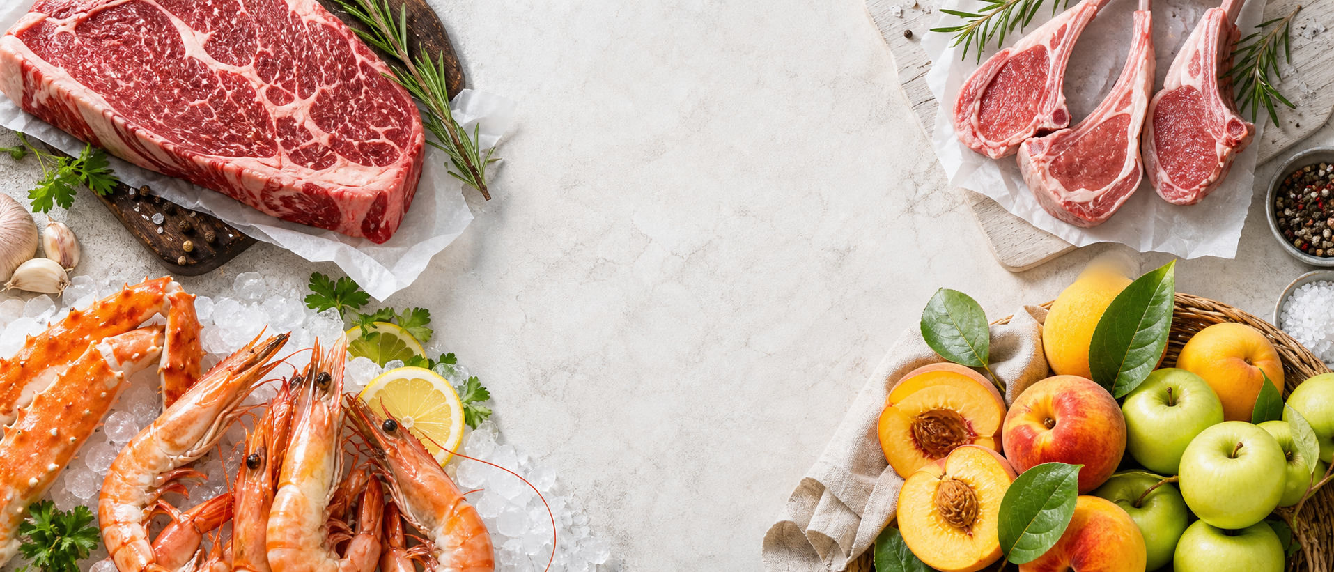 Fresh beef, lamb chops, seafood and fruit with clickable product price hotspots